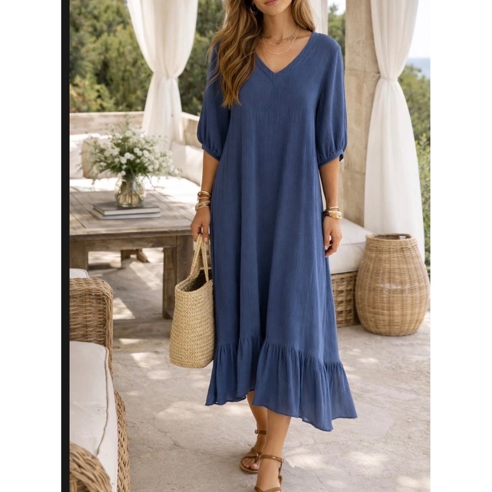 Bryn Walker Lana Maxi Dress Navy Blue Cotton Gauze V-Neck Ruffle Sz S USA $208